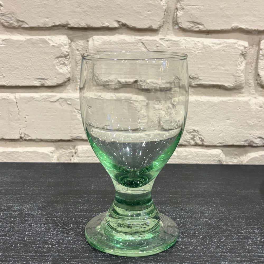 Vintage Hand Blown Two Tone Glass Goblet Clear Bowl Green Pedestal Base Stemware